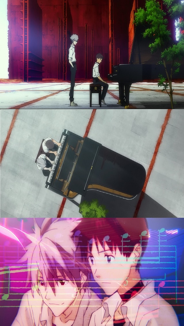 Shinji e Kaworu duettano al pianoforte in Evangelion:3.0