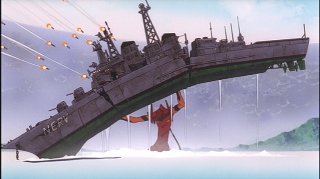 La nave da guerra distrutta dall’Eva-02 in The End of Evangelion