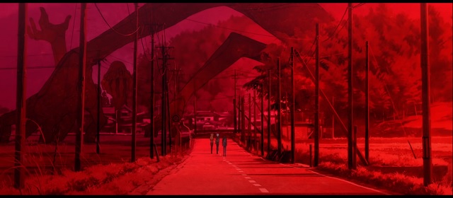 Asuka, Rei e Shinji camminano in un mondo dalle tinte scarlatte